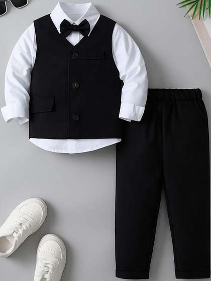 TOGEPI Boys Black
                      & White Shirt Collar Cotton Shirt With Trouser
                      & Waistcoat With Bow