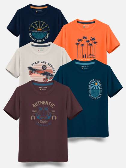 HELLCAT Boys Pack Of 5
                    Typography Printed Round Neck Cotton T-shirts