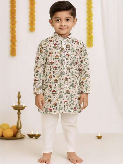 Cae Boys Ethnic Motifs
                    Printed Regular Pure Cotton Kurta with Pyjamas