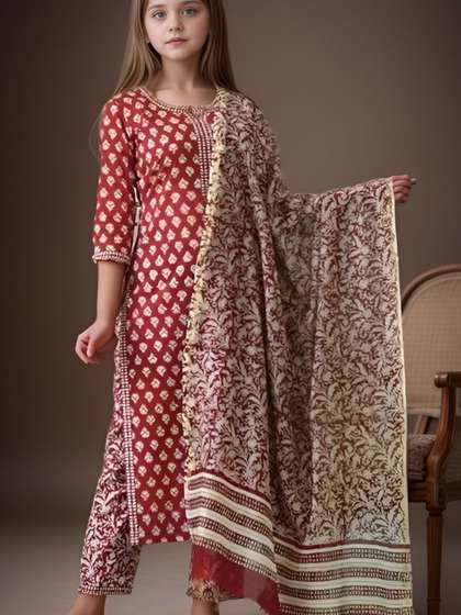 Aarya Designer Girls
                    Floral Printed Pure Cotton Kurta And Trousers With
                    Dupatta