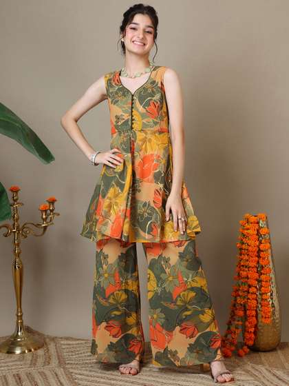 Inddus Girls Floral
                    Printed Kurta with Palazzos