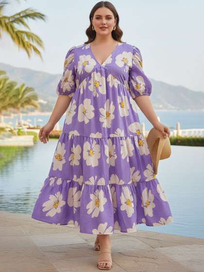 U&F Beyond Women
                        Plus Size Floral Print Puff Sleeve Tiered A-Line
                        Midi Dress