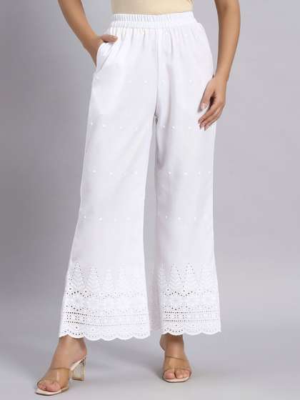 Shopping Queen Women
                        Floral Embroidered Wide Leg Fit Chikankari
                        Cotton Ethnic Palazzos