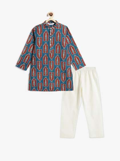 Campana Boys Ethnic
                    Motifs Printed Mandarin Collar Pure Cotton Straight
                    Kurta With Pyjamas