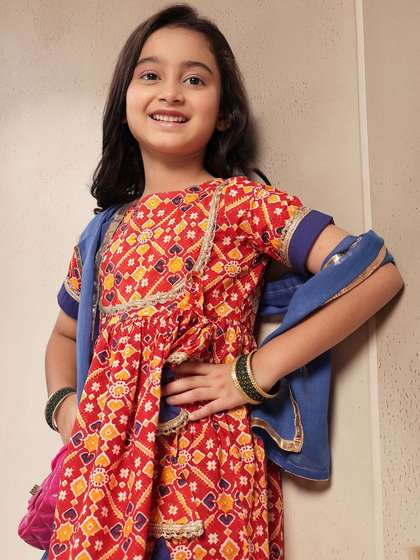 Sangria Girls Floral
                    Printed Round Neck Pure Cotton Anarkali Kurta &
                    Palazzo With Dupatta