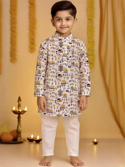 Cae Boys Ethnic Motifs
                    Printed Knee Length Regular Straight Pure Cotton
                    Kurta with Pyjamas