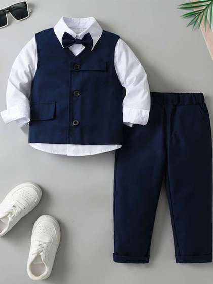 TOGEPI Boys Pure Cotton
                    Navy Blue Formal Suit Set With Bow Tie