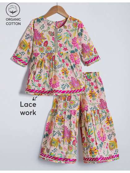 Hopscotch Girls Floral
                    Printed Round Neck Gotta Patti Pure Cotton Kurta
                    With Trouser