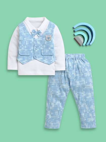 BUMZEE Boys
                            Striped Long Sleeves Pure Cotton Shirt With
                            Attached Waistcoat & Trouser