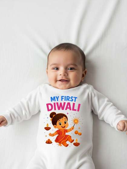 karmikh clothing &
                    lifestyle White First Diwali Printed Round Neck
                    Cotton Casual Jumpsuit