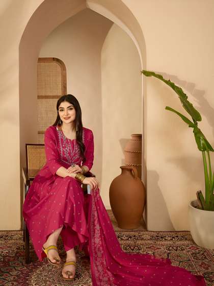 GULMOHAR JAIPUR
                          Women Ethnic Motifs Embroidered Empire Thread
                          Work Pure Cotton Kurta with Trousers &
                          With