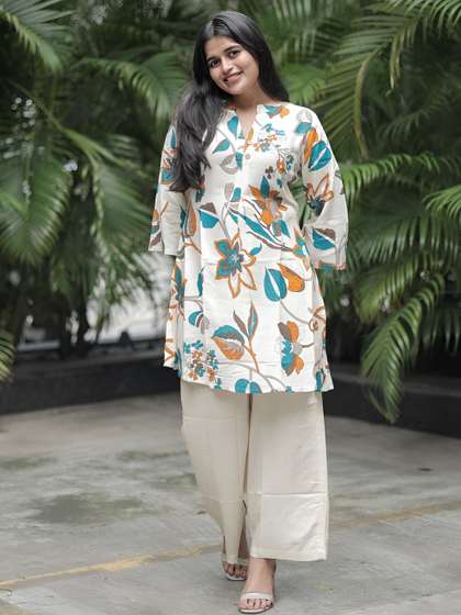 indian rani Floral
                          Printed Mandarin Collar Straight Kurti With
                          Palazzos