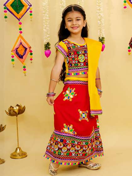 LITTLE GINNIE Girls
                    Embroidered Thread Work Ready to Wear Lehenga &
                    Blouse With Dupatta