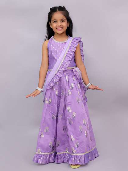 LIL DRAMA Girls Floral
                    Printed Round Neck Cotton Lehanga Choli Set