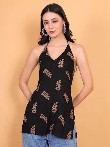 StyFun Floral
                            Printed Halter Neck Sleeveless Backless
                            Kurti