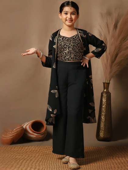 Sangria Girls
                        Georgette Embroidered Straight Crop Top Shrug
                        & Palazzo Set