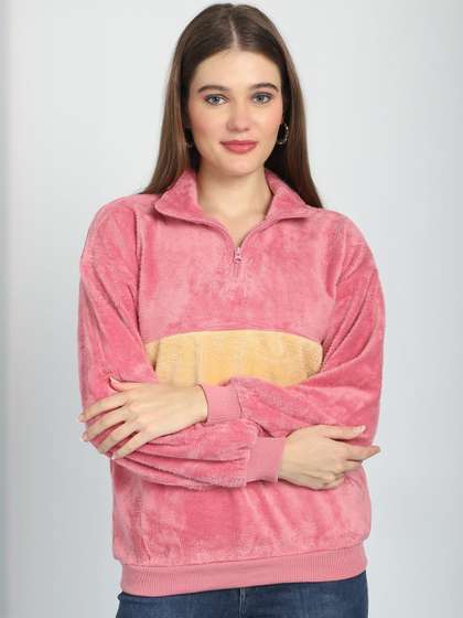 CORSICA Women Pink
                        & Yellow Colourblocked Stand Collar Faux Fur
                        Longline Tailored Jacket