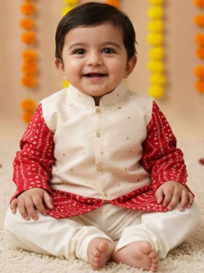 Sangria Boys Pink
                    Bandhani Pure Cotton Ethnic Kurta Pant Set with Off
                    White Zari Bandi