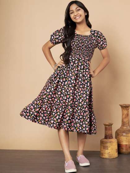 LookShine Floral Print
                    Puff Sleeve A-Line Midi Dress