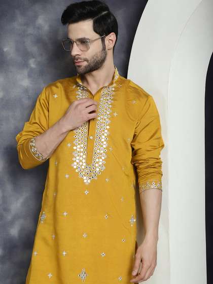 Jompers Geometric
                          Embroidered Mandarin Collar Mirror Work Cotton
                          Silk Straight Kurta