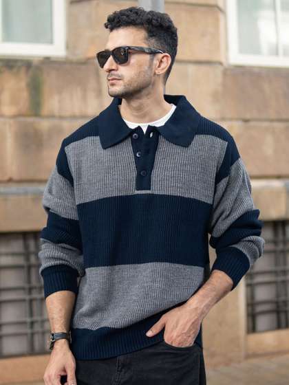 Powerlook Men
                        Striped Shirt Collar Long Sleeves Pullover