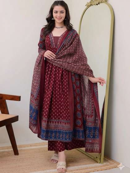 KALINI Floral
                        Printed Square Neck Anarkali Kurta With Palazzos
                        & Dupatta