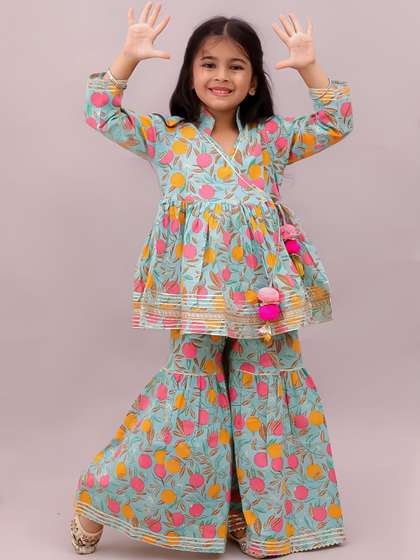 Ka-mee Girls Floral
                    Printed Cotton A-Line Kurta with Sharara
