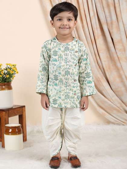 Polka Tots Boys Ethnic
                    Motifs Printed Angrakha Pure Cotton Kurta with Dhoti
                    Pants