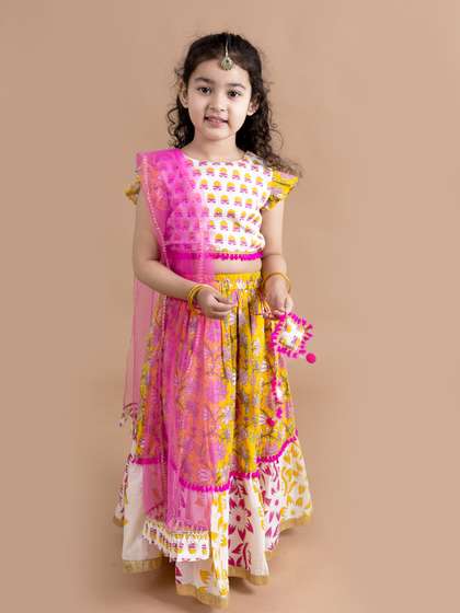 Pspeaches Girls Yellow
                      White Pink Cotton Flared Lehenga Choli Dupatta
                      Set
