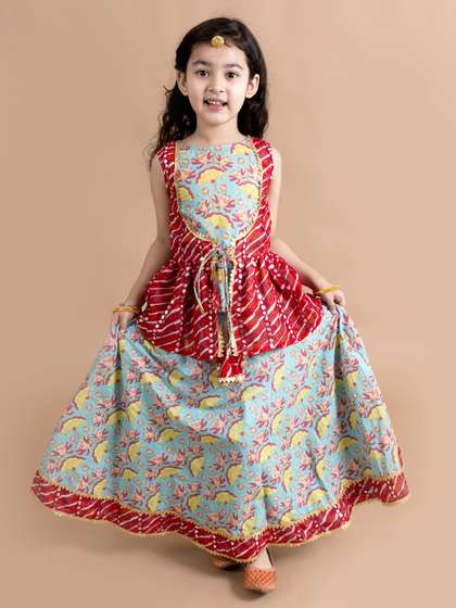 pspeaches Girls
                        Green & White Printed Sequinned Ready to
                        Wear Lehenga