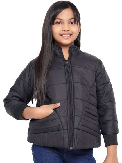 TRENDY WORLD Girls
                      Black Hooded Solid Winter Casual Jacket