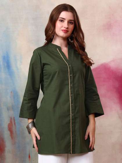 Tissu Women Pure
                        Cotton Mandarin Collar Lace Work Tunic Kurti