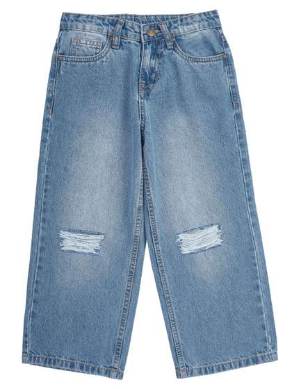 Cub McPaws Girls Wide
                    Leg Mid-Rise Highly Distressed Cotton Denim Heavy
                    Fade Jeans