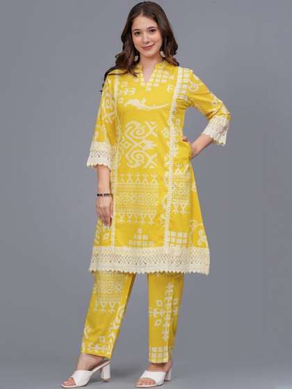 Amayra Ethnic Motifs
                        Printed Mandarin Collar A-Line Pure Cotton Kurta
                        With Trousers