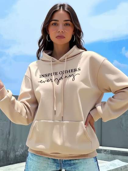 Mast & Harbour
                          Women Typography Printed Full Sleeves Hooded
                          Sweatshirt