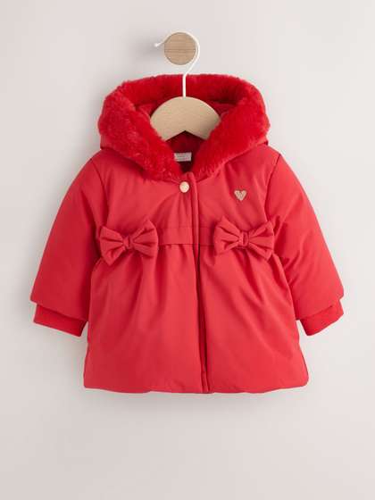 NEXT Infants Parka
                    Jacket with Bow Detail and Faux Fur Trim Hood