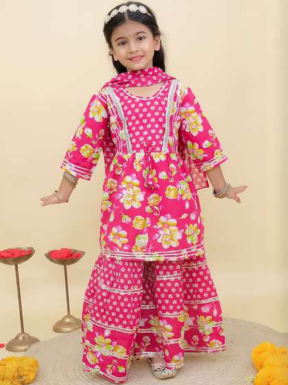 Aj DEZInES Girls Floral
                    Printed Cotton Kurta with Sharara & Dupatta
