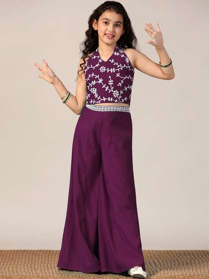 Sangria Girls
                    Embroidered Roman Silk Crop Top And Palazzo Set