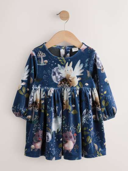 NEXT Girls Floral Print
                    Fit & Flare Velvet Mini Dress