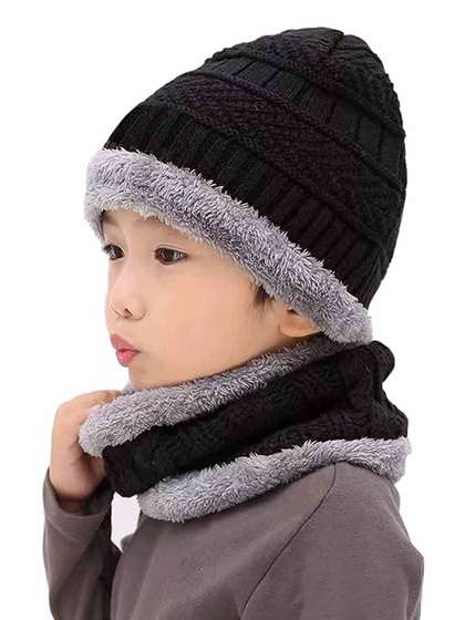 Gajraj Kids Self Design
                    Beanie Woolen Cap With Neck Scarf