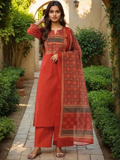SZN Women Ethnic
                        Motifs Printed Pure Cotton Kurta with Palazzos
                        & With Dupatta