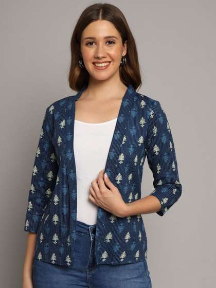 Sangria Women Indigo
                        Blue Ethnic Motif Cotton Printed Casual Shrug