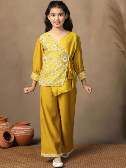 Sangria Girls Floral
                    Embroidered Chanderi Silk Top with Palazzos
