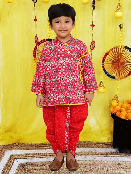 BownBee Boys Ethnic
                    Motifs Printed Angrakha Pure Cotton Kurta with Dhoti
                    Pants