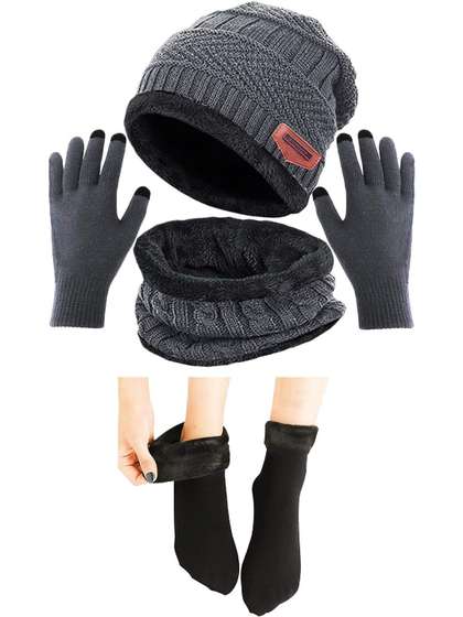 Aadikart Unisex 6 Pieces
                    Winter Beanie Cap With Woollen Touch Gloves and
                    Socks