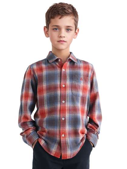 RARE ONES Boys Tartan
                    Checked Spread Collar Cotton Casual Shirt
