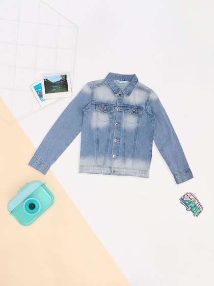 Pantaloons Junior Girls Spread Collar Washed Solid Denim Jacket