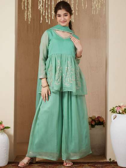 CurlyTales Girls
                      Organza Embroidered Short Kurta and Palazzo Set
                      With Dupatta
