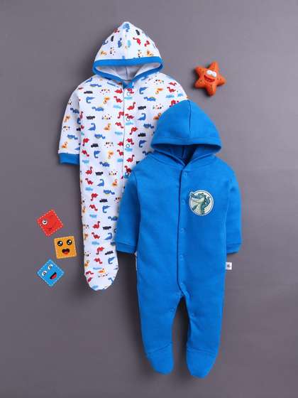 BUMZEE Boys Pack of 2
                      Printed Hooded Cotton Sleepsuit