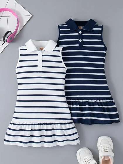 Knit Vey Gilrs Shirt
                    Collar Striped A-Line Dress